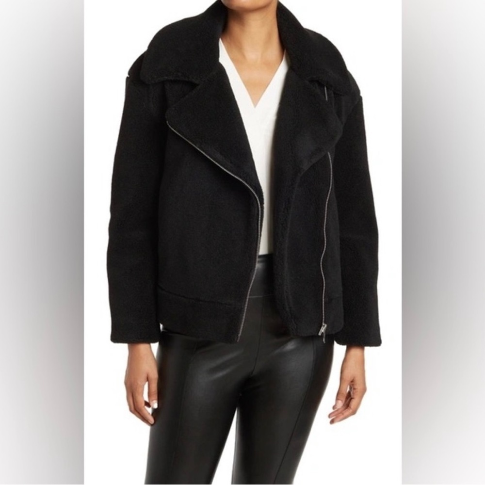 NWT Rebecca Minkoff Brutus Faux Fur Moto Teddy Jacket in Black Size Large